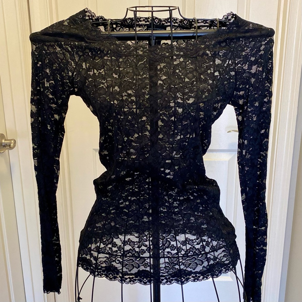 Moda International Elegant Black Lace Top, Size M
